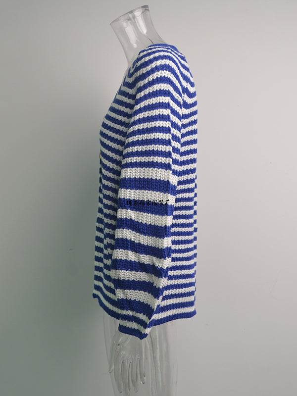 Casual Loose Long Sleeves Striped V-Neck Cardigan Tops