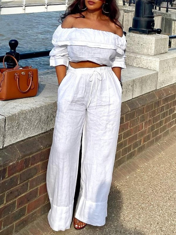 Elasticity Solid Color Split-Joint Half Sleeves Loose Off-The-Shoulder Blouses&Shirts Tops