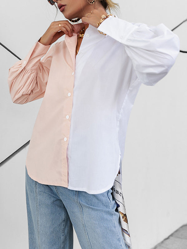 Buttoned Contrast Color Long Sleeves Loose Lapel Blouses&Shirts Tops
