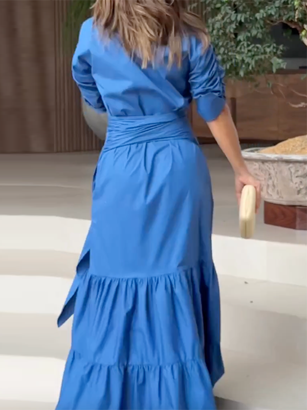 Belted Solid Color Half Sleeves Lapel Collar Shirt Dress Maxi Dresses