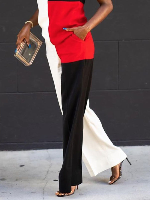 Contrast Color Pockets Printed Loose Short Sleeves Round-Neck Jumpsuits