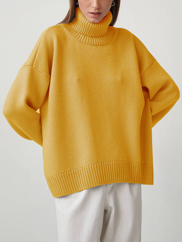 Solid Color Split-Joint High-Low Long Sleeves High Neck Sweater Tops