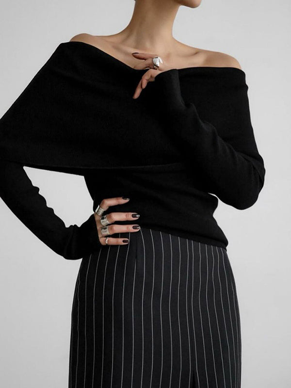 Solid Color Long Sleeves Loose Off-The-Shoulder Sweater Tops Pullovers