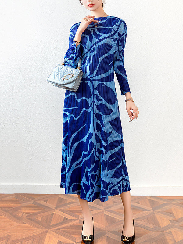 Floral Printed Pleated Long Sleeves Midi Dress