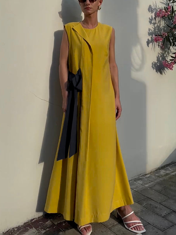 Asymmetric Contrast Color Split-Side Tied Loose Sleeveless Round-Neck Maxi Dresses