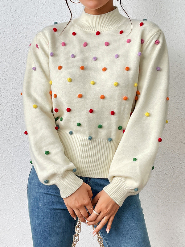 Pompom Triming Long Sleeves Loose Round-Neck Sweater Tops Pullovers Knitwear