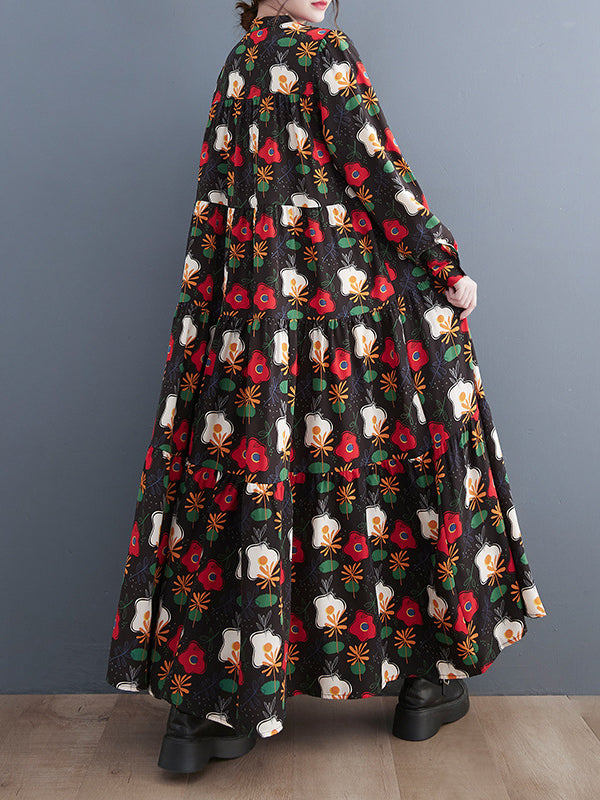 Buttoned Flower Print Split-Joint A-line Long Sleeves Round-neck Midi Dresses