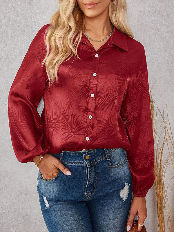 Jacquard Split-Joint Loose Puff Sleeves Lapel Blouses