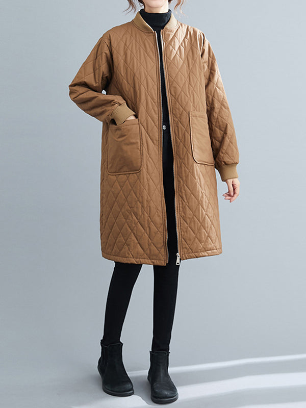 Pockets Quilted Solid Color Zipper Long Sleeves Loose Stand Collar Padded Coat