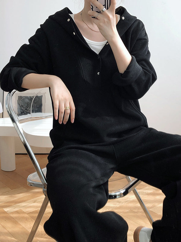 Loose Long Sleeves Split-Joint Hoodies + Elasticity Solid Color Pants Trousers Two Pieces Set