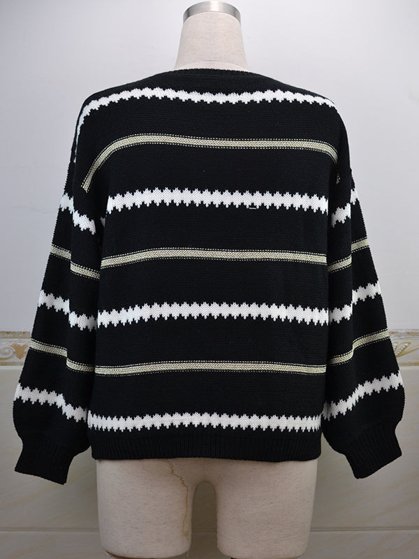 Striped Long Sleeves Loose Round-Neck Sweater Tops Pullovers Knitwear