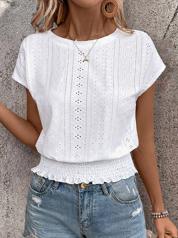 Elasticity Hollow Jacquard Solid Color Loose Short Sleeves Round-Neck T-Shirts Tops