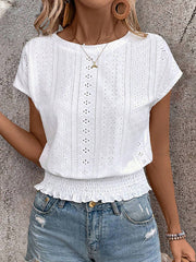 Elasticity Hollow Jacquard Solid Color Loose Short Sleeves Round-Neck T-Shirts Tops