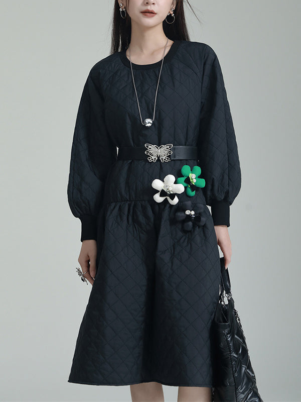 Pleated Quilted Split-Joint Long Sleeves Loose Round-Neck Midi Dresses