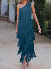 Asymmetric Solid Color Split-Joint Tasseled Loose Sleeveless One-Shoulder Maxi Dresses