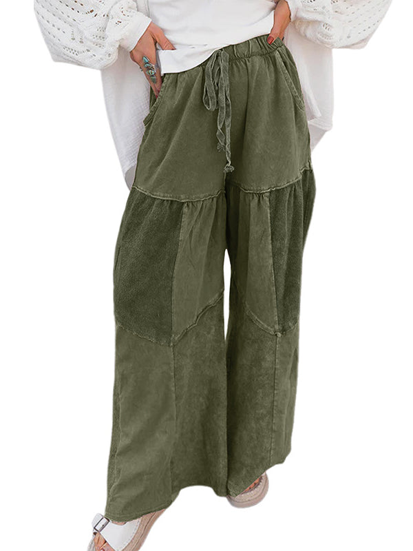 Drawstring Pleated Pockets Solid Color Split-Joint High Waisted Loose Trousers Pants
