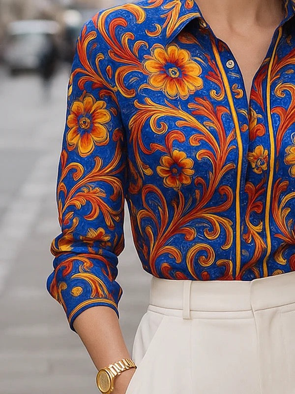 Buttoned Flower Print Long Sleeves Lapel Blouses&Shirts Tops