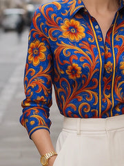 Buttoned Flower Print Long Sleeves Lapel Blouses&Shirts Tops