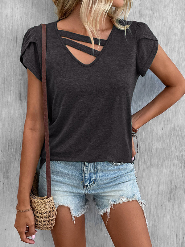Solid Color Loose Short Sleeves V-neck T-Shirts Tops