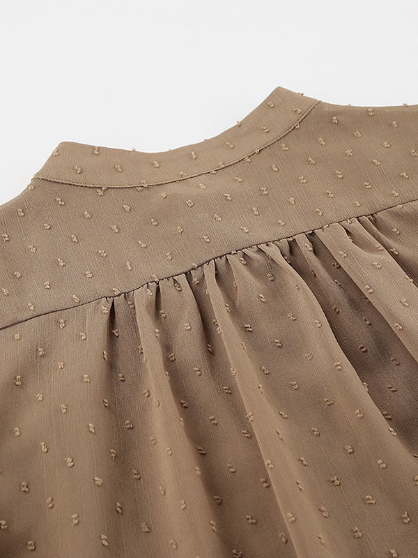 Jacquard Pleated Solid Color Split-Joint Flared Sleeves Loose Stand Collar Blouses