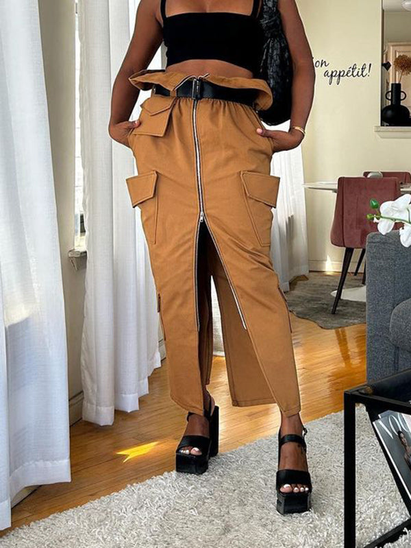Belted Pleated Pockets Split-Back Split-Front Split-Joint Zipper Loose Skirts Bottoms