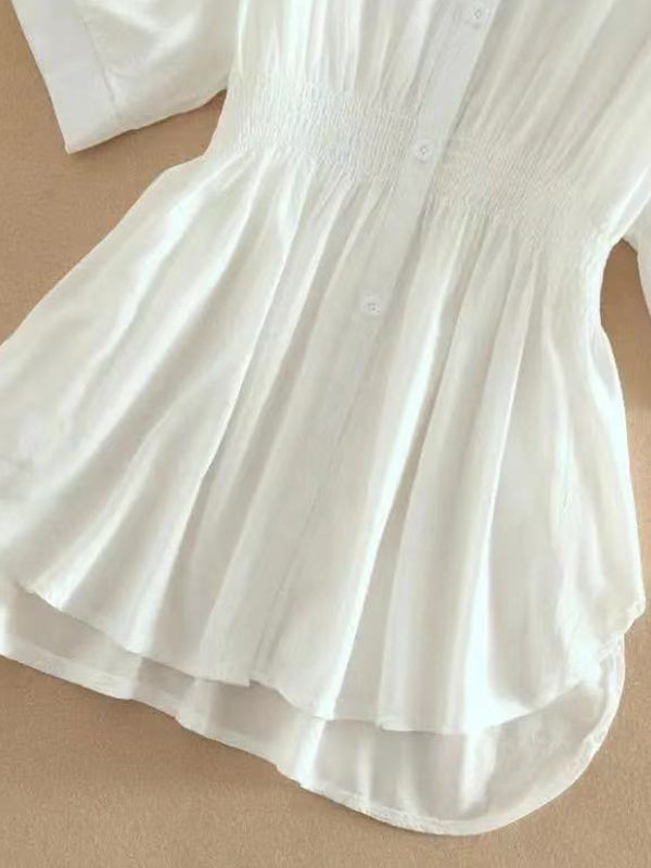 Buttoned Pleated Solid Color High-Low Loose Lapel Blouses&Shirts Tops