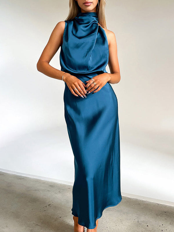 Solid Color High Waisted Sleeveless Halter-Neck Midi Dresses