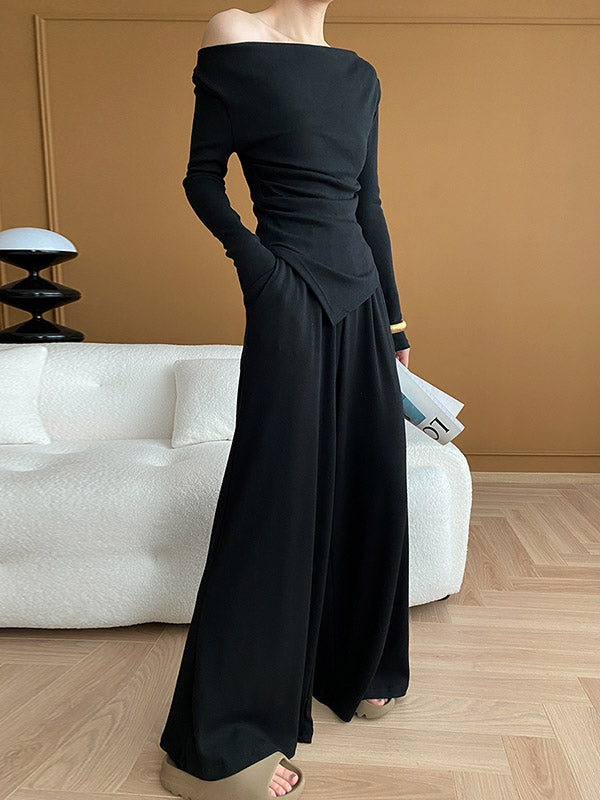 Asymmetric Solid Color Long Sleeves Off-The-Shoulder Shirts Top + High Waisted Pants Bottom Two Pieces Set