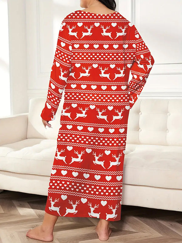 Animal Prints Printed Long Sleeves Loose Round-Neck Pajamas Maxi Dresses