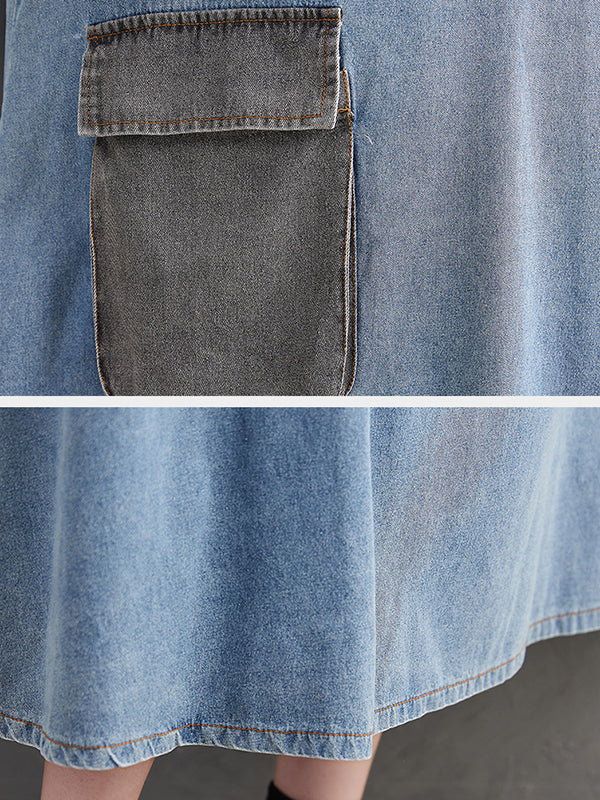 Artistic Retro Loose Denim Applique Round-Neck Long Sleeves Midi Dress