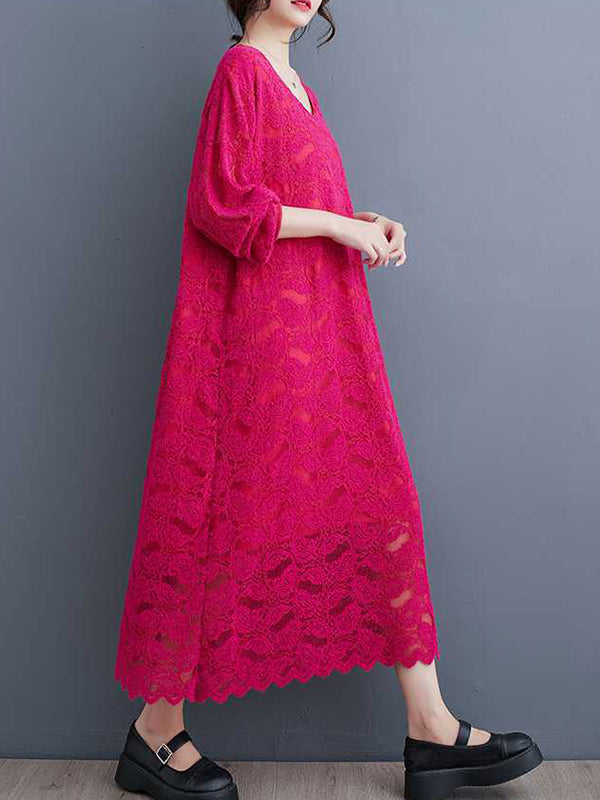 Jacquard Bishop Sleeve Long Sleeves V-Neck Midi Dresses