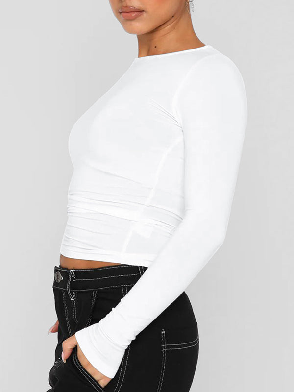 Solid Color Long Sleeves Skinny Round-Neck T-Shirts