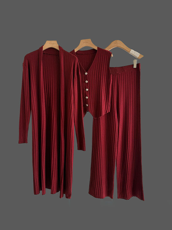 Knitting Sleeveless V-neck Vest Top +  Long Sleeves Cardigan + High Waisted Pants Three Pieces Set