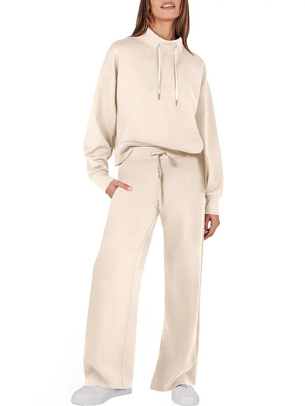 Drawstring Split-Joint High Waisted Long Sleeves Sweatshirt + Pants/Trousers Two Pieces Set