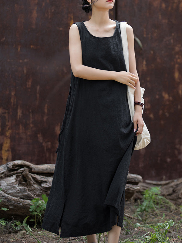 Drawstring Solid Color Split-Joint Tied Waist Loose Sleeveless Round-Neck Midi Dresses
