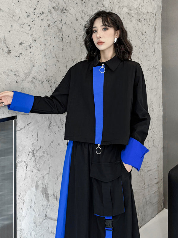 Asymmetric Contrast Color Split-Joint Lapel Blouses&Shirts Tops + A-Line Elasticated Waist Pockets Streamer Skirts Bottoms Two Pieces Set