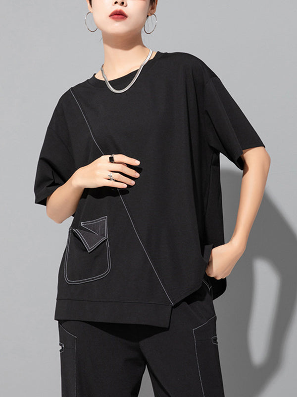 Asymmetric Solid Color Split-Joint Loose Short Sleeves Round-Neck T-Shirts Tops