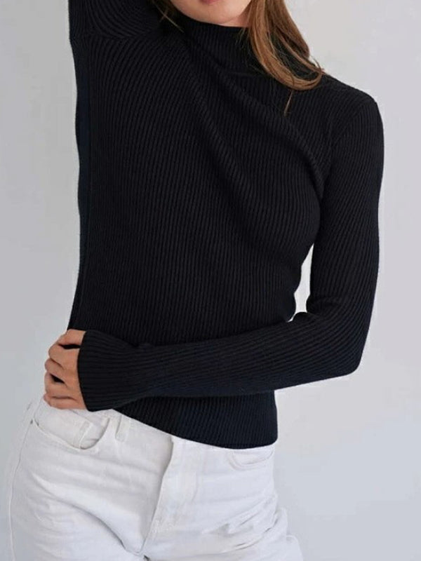 Solid Color Split-Joint Long Sleeves Skinny High Neck Sweater Tops