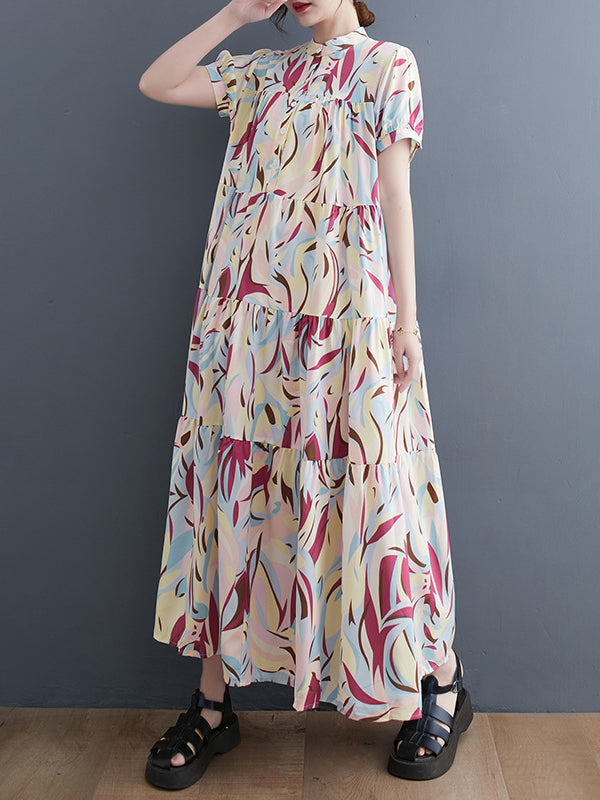 Original Loose Short Sleeves Buttoned Contrast Color Printed Stand Collar Midi Dresses