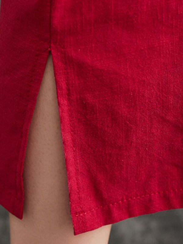 Chinese Frog Buttons Pockets Solid Color Split-Side A-Line Loose V-Neck Midi Dresses