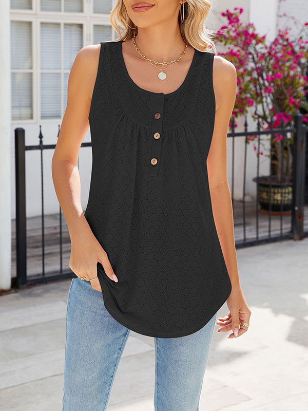 Buttoned Pleated Split-Joint Loose Sleeveless Round-Neck Vest Top