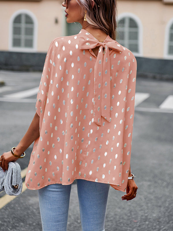 Bandage Polka Dot Loose Round-Neck Blouses&Shirts Tops
