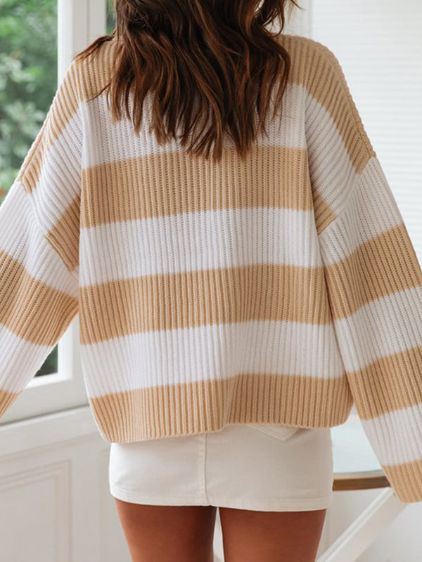 Contrast Color Striped Long Sleeves Loose Round-Neck Sweater Tops Pullovers