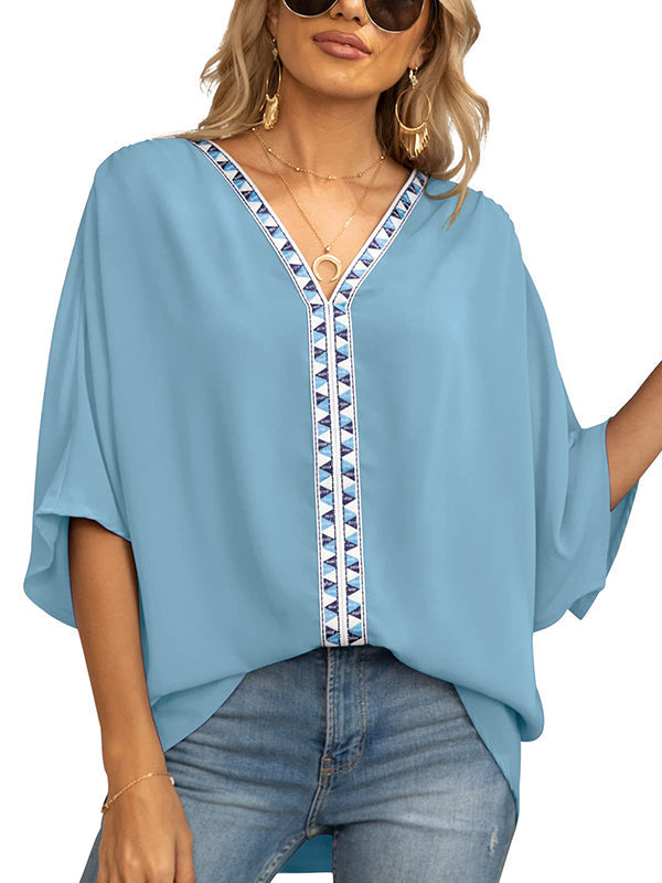 Split-Joint Batwing Sleeves Loose V-neck Blouses&shirts Tops