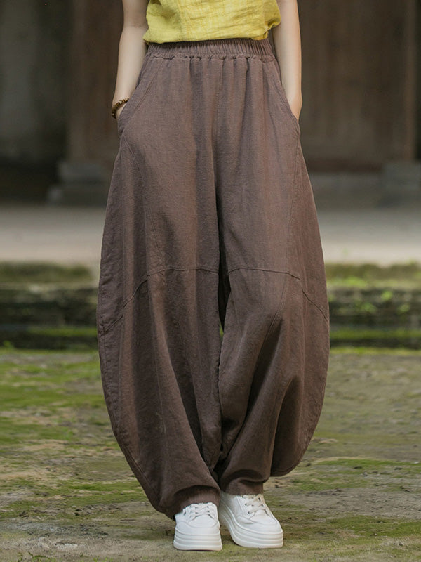 Elasticity Pockets Solid Color Split-Joint Loose Pants Cropped Trousers