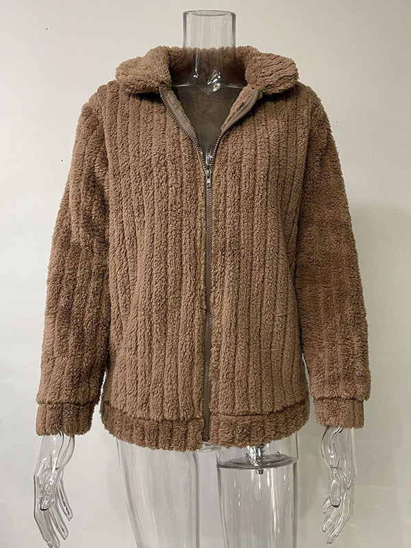 Solid Color Velvet Zipper Long Sleeves Plus Size Lapel Outerwear