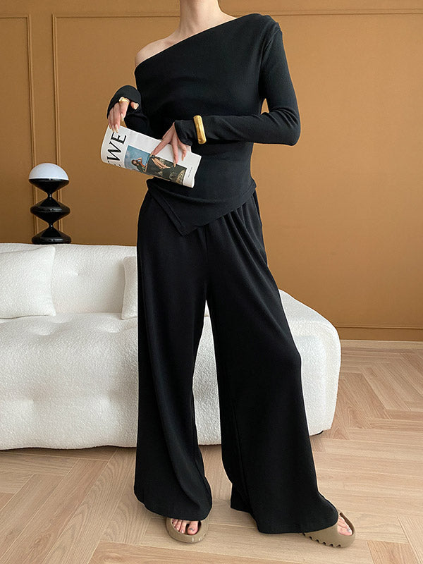 Asymmetric Solid Color Long Sleeves Off-The-Shoulder Shirts Top + High Waisted Pants Bottom Two Pieces Set