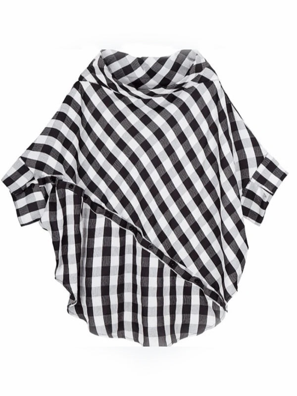 Asymmetric Buttoned Plaid Half Sleeves Loose One-Shoulder Blouses&Shirts Tops