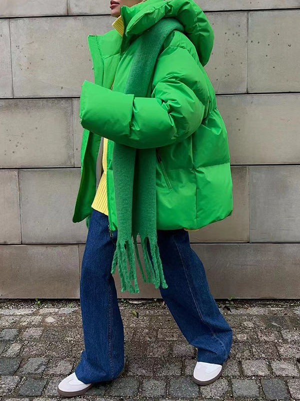 Long Sleeves Loose Solid Color Split-Joint Hooded Padded Coat