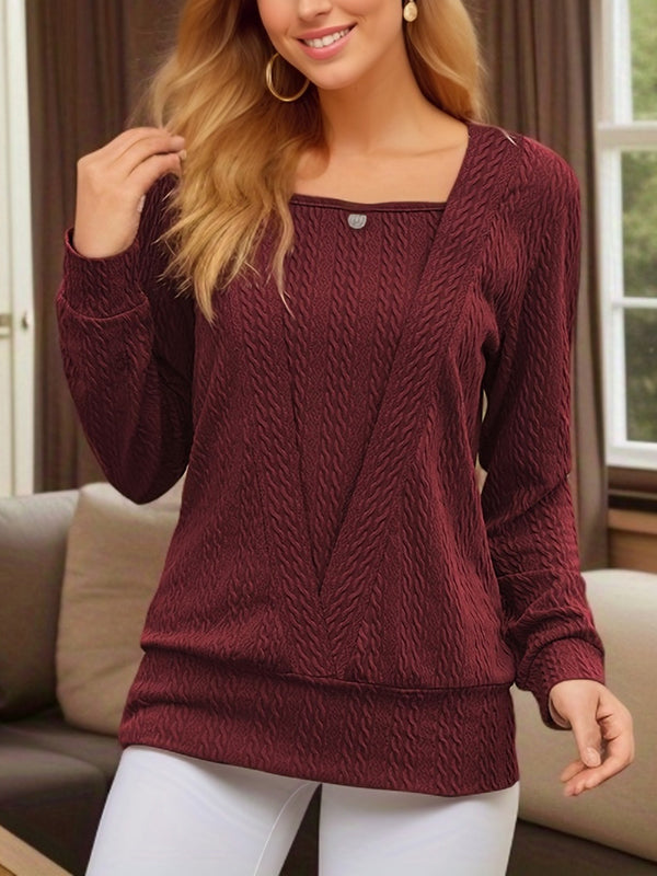 Solid Color Split-Joint Long Sleeves Loose Square-Neck T-Shirts Tops